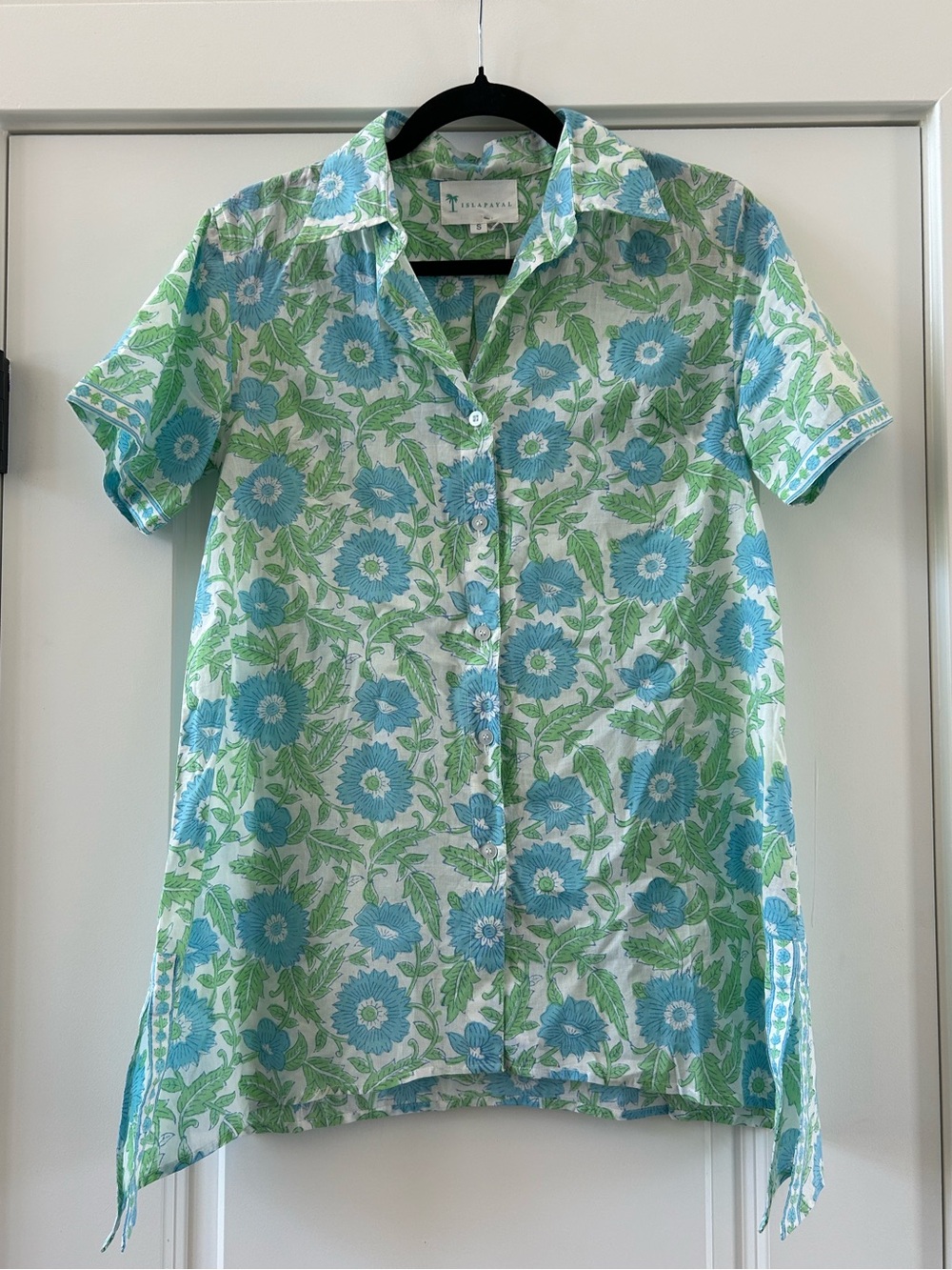 Isla Payal Blue & Green Floral Cotton Tunic Top Size Small - Picture 2 of 6